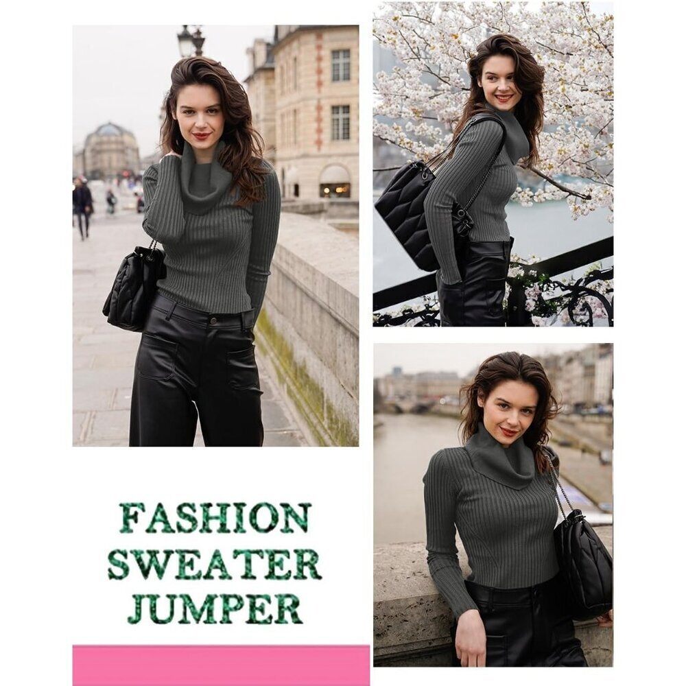 Women’s Cowl Neck Light Gray Stretchable Knit Long Sleeve Bodycon Sexy Sweater - Picture 4 of 5
